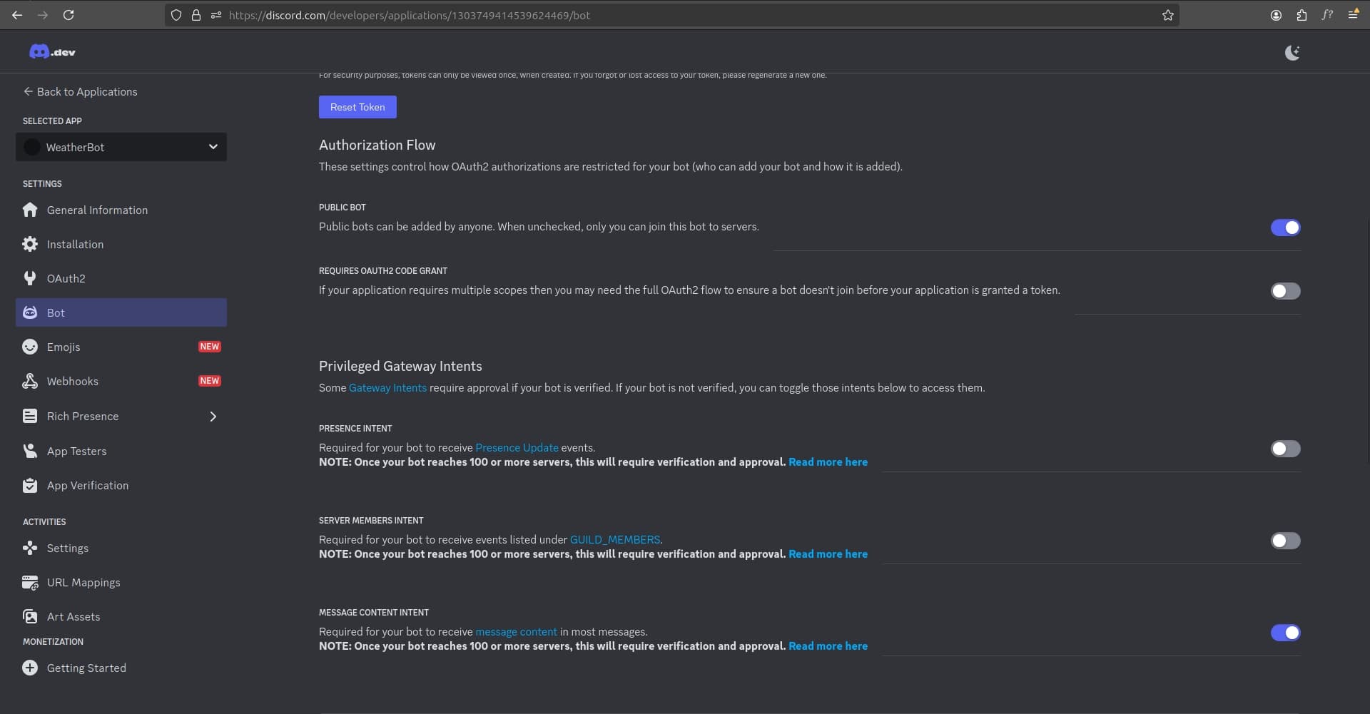 Enable bot message intent