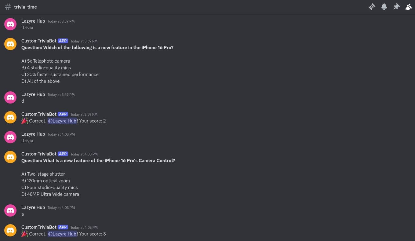 Discord Bot iPhone 16 pro trivia
