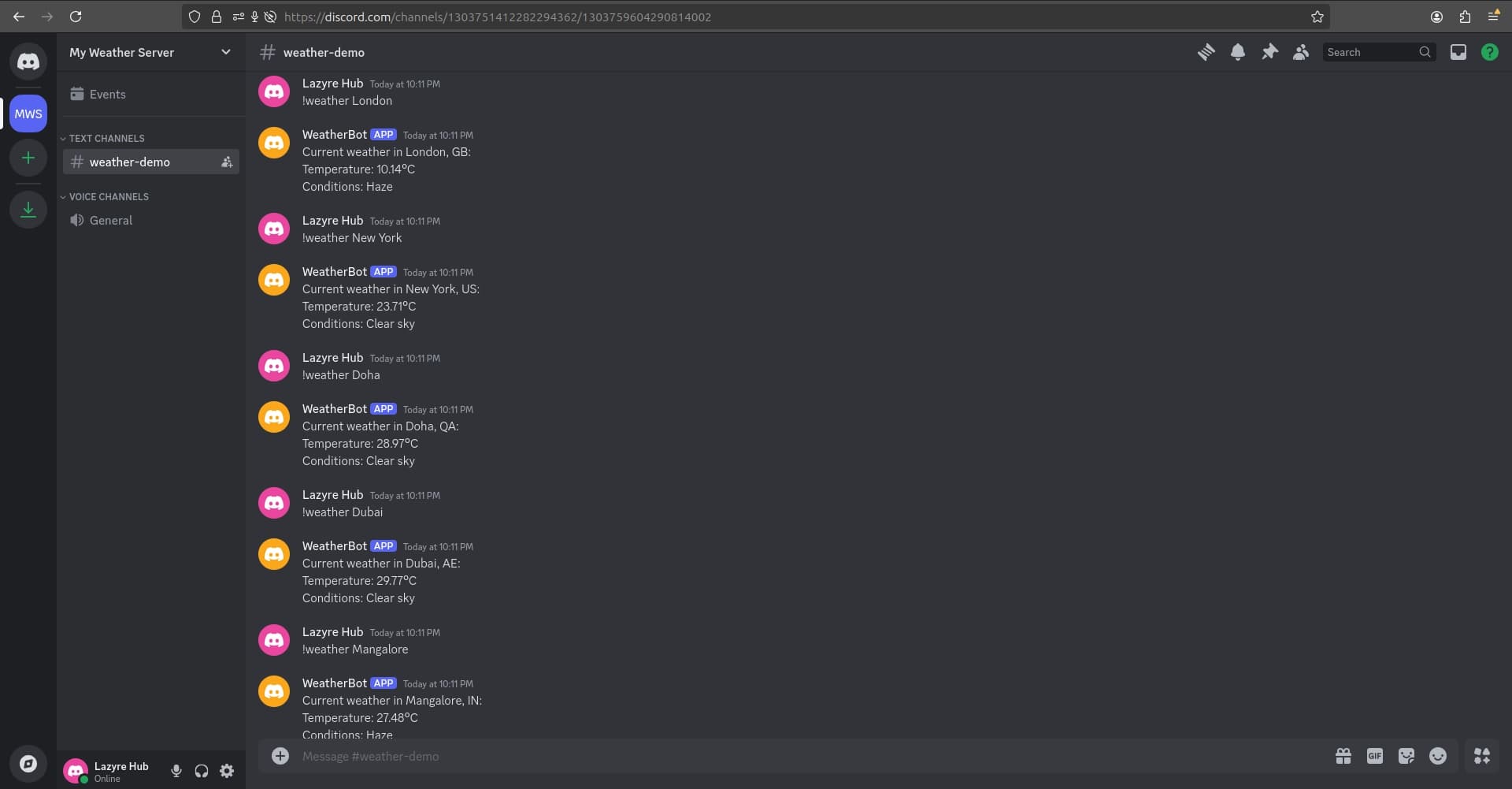 Discord Weather Bot in action
